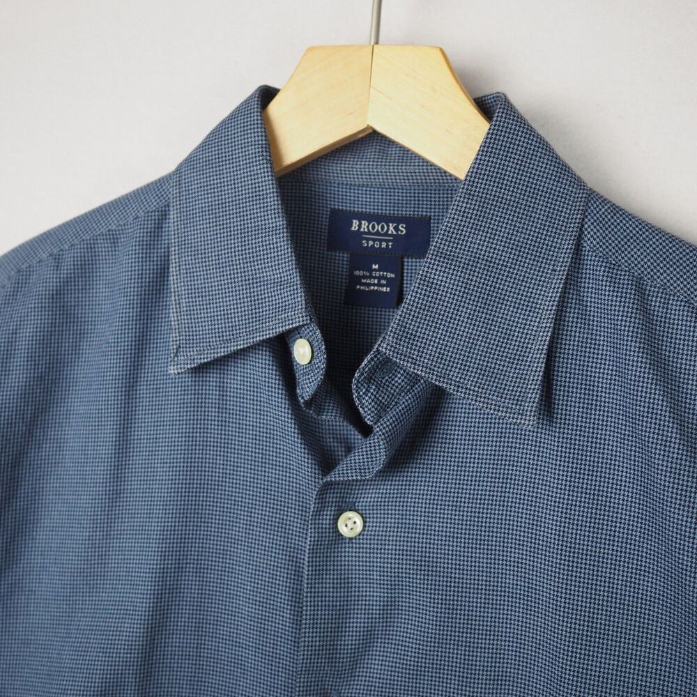 Brooks Brothers Brooks Sport Shirt Mens M Blue Houndstooth Micro Pattern Cotton